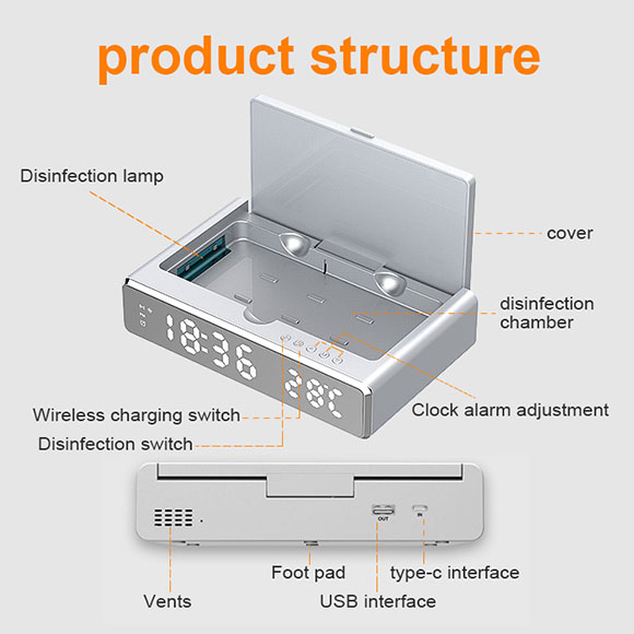 Newest private mould multifunctional Clock Disinfection Box with Wireless Charger LWS-6025